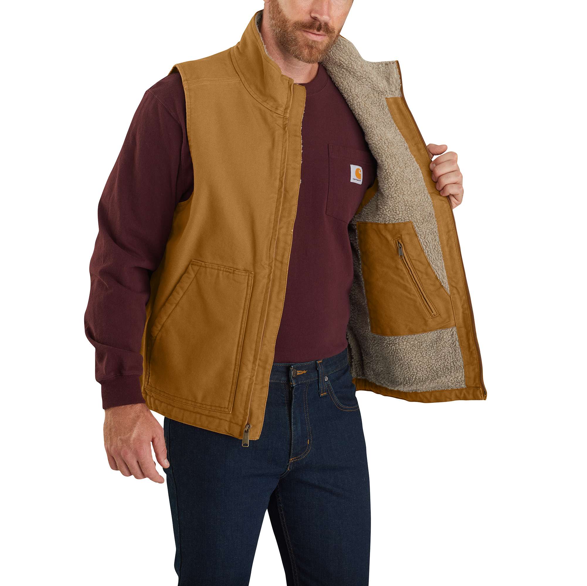 Loose Fit Washed Duck Sherpa-Lined Mock-Neck Vest