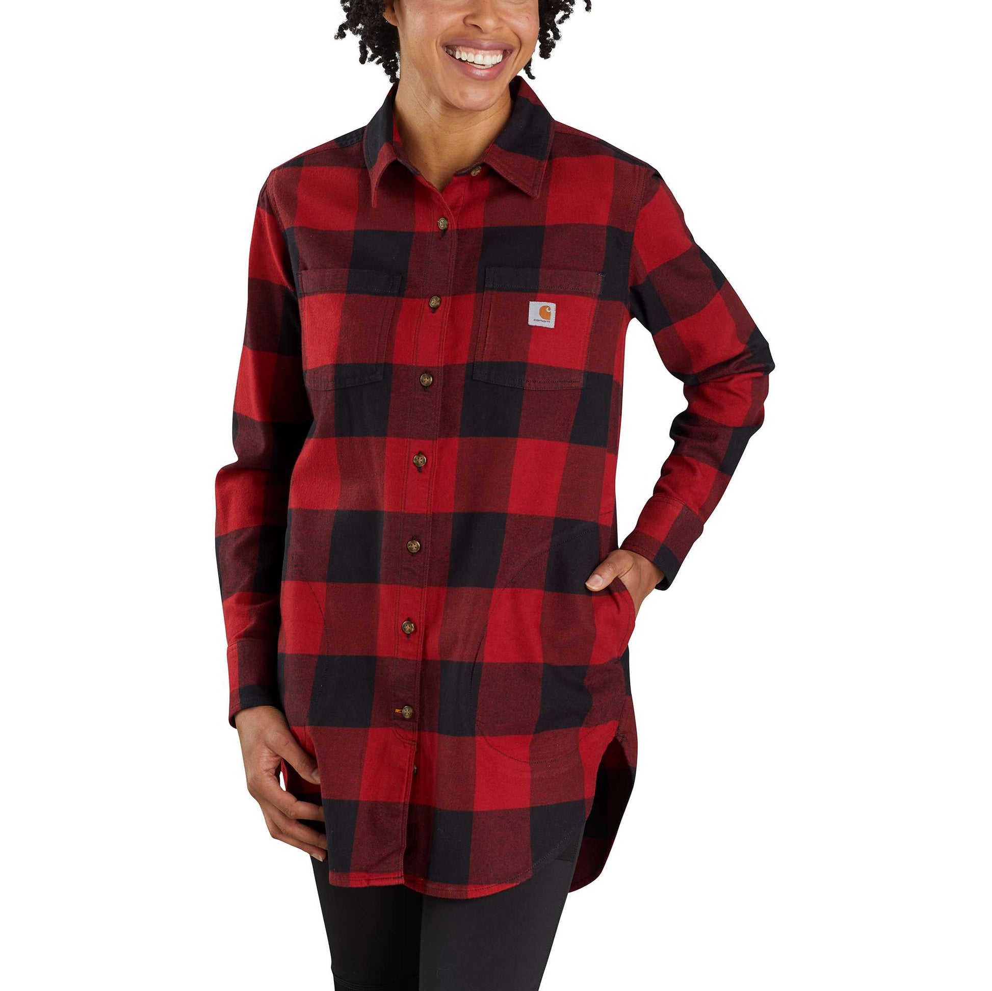 flannel shirt dress for women Carhartt Reworked Women's Rugged Flex Relaxed Fit Midweight Flannel Long-Sleeve Plaid Tunic, Slightly Worn | Oxblood