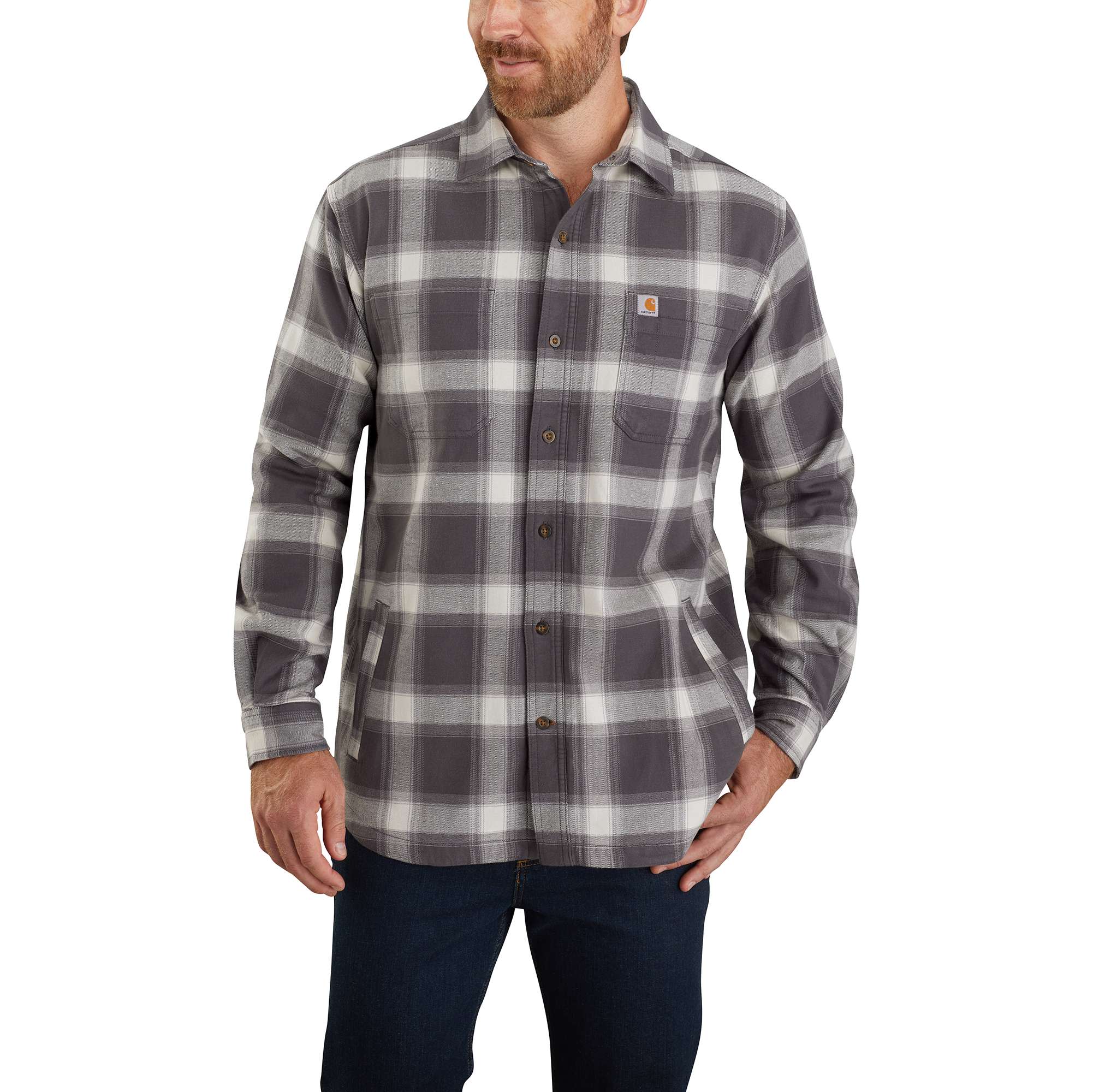 Carhartt グレー系チェック フランネルシャツ Carhartt® Rugged Flex® Relaxed Fit Flannel Fleece-Lined Plaid