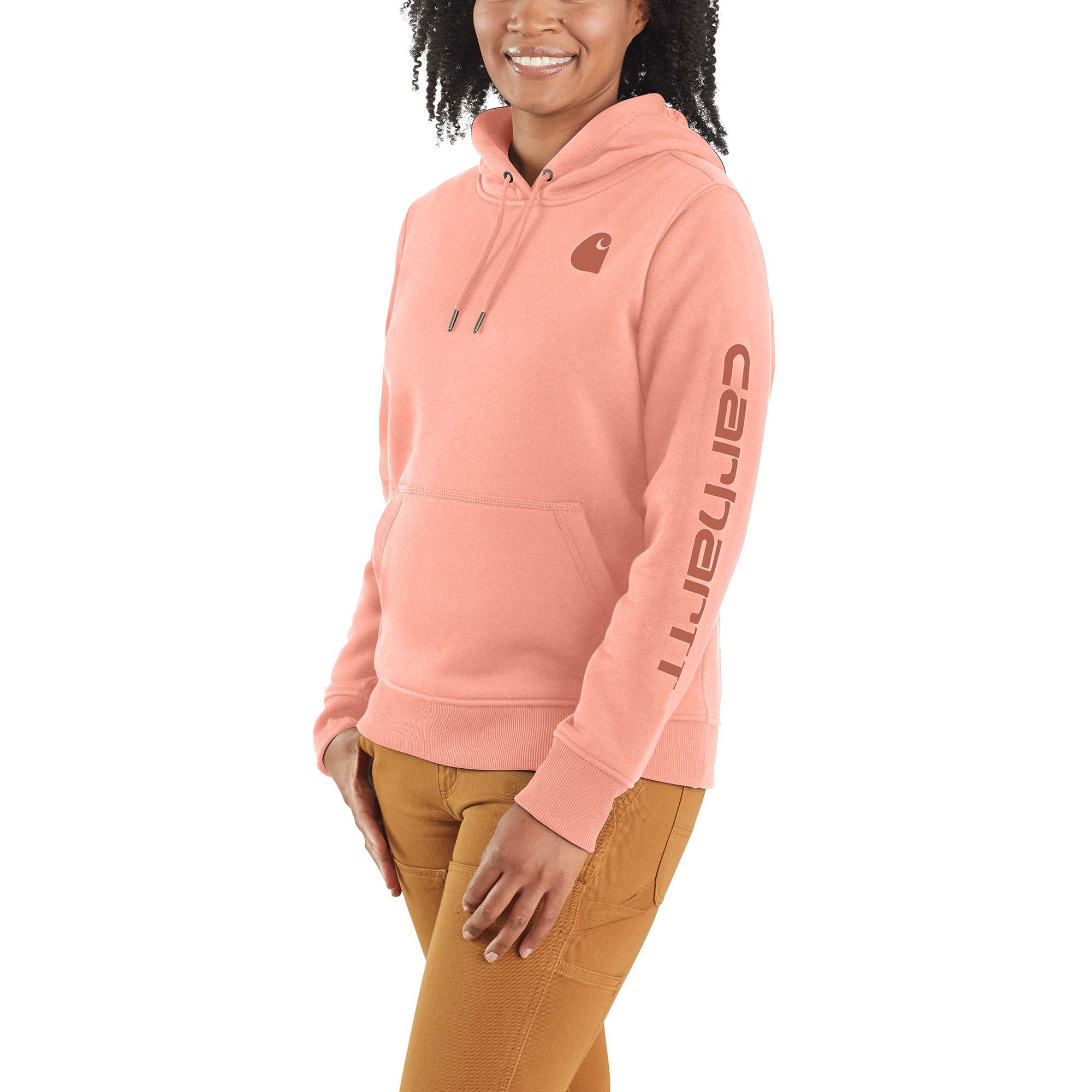 Carhartt サーモンピンク Women's Relaxed Fit Midweight Logo Sleeve Graphic Hoodie