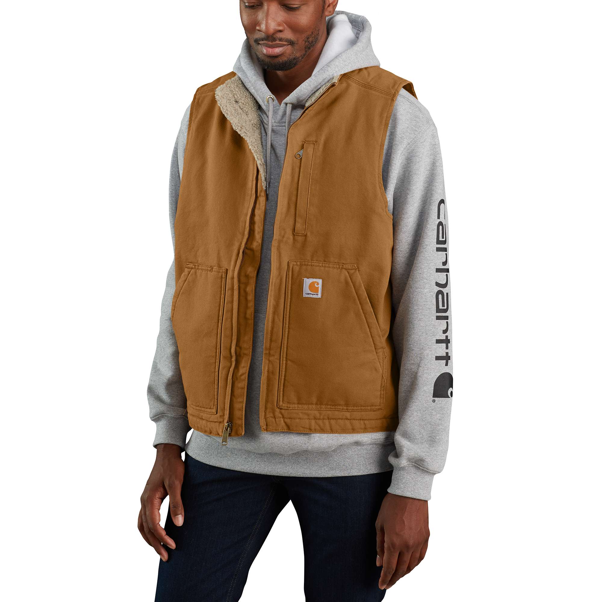 Loose Fit Washed Duck Sherpa-Lined Mock-Neck Vest | Carhartt Reworked